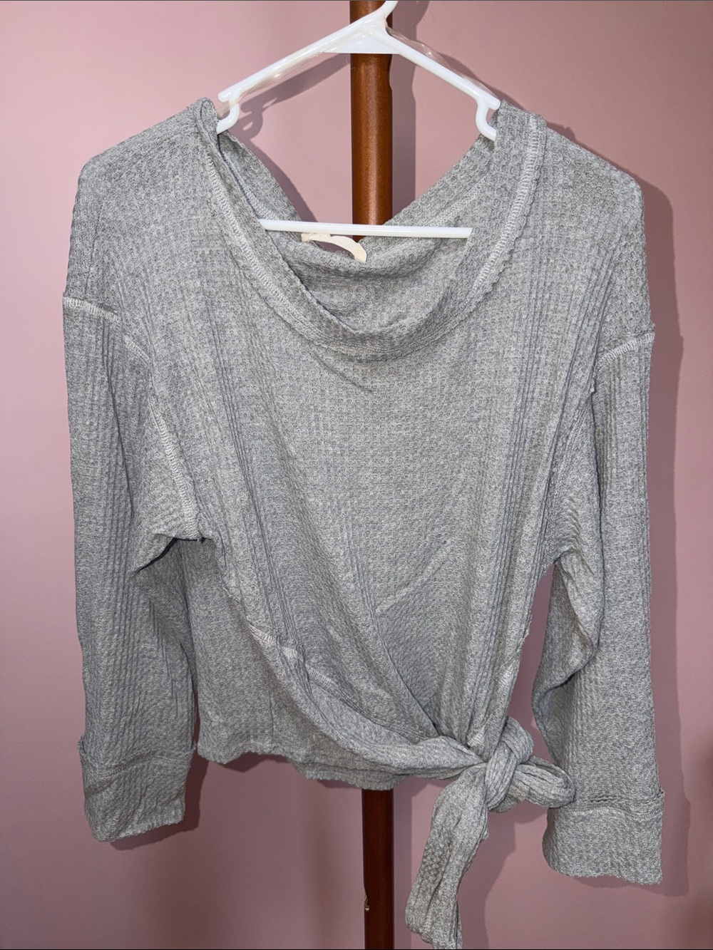 Peach Love California Light Gray Ribbed Tie-Waist Long-Sleeve Top